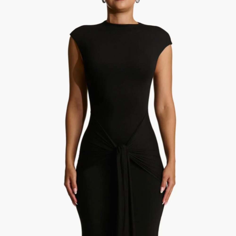 Naked Wardrobe Women's Black Smooth Tie Front Maxi Dress